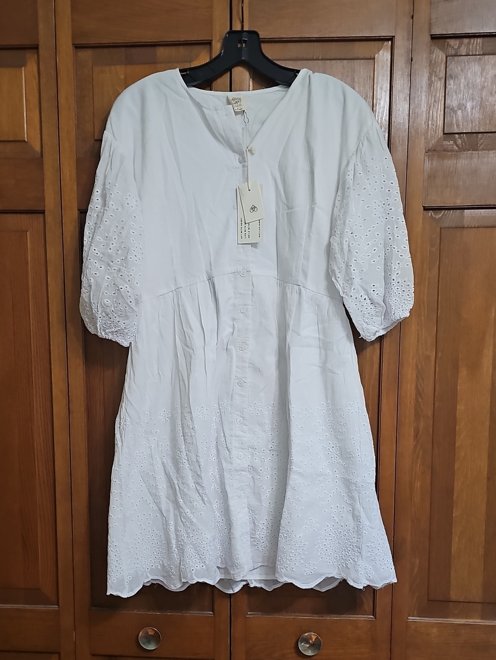 Matilda Jane White Eyelet Button-Down Mini Dress with Puff Sleeves